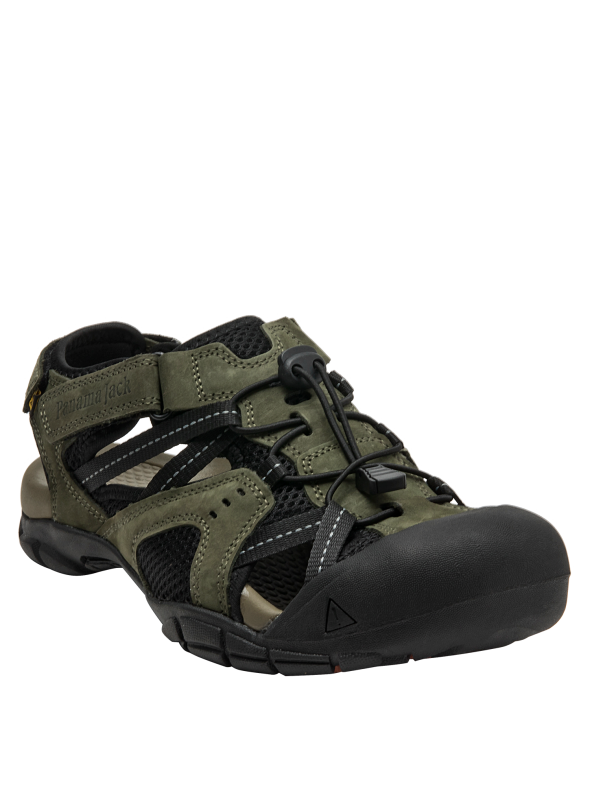 Sandalia masculina verde de cuero, combinada con malla negra, diseñada para comodidad y estilo en caminatas.