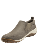 Zapatilla taupe de cuero para mujer, minimalista y versátil, con textura mate suave y elásticos laterales.
