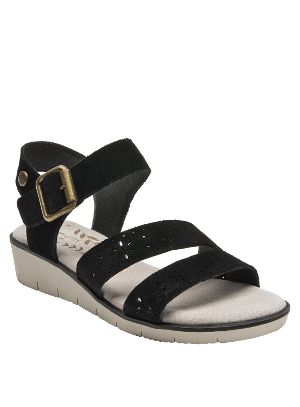 Sandalia negra de cuero con tacón bajo en plataforma, perfecta para caminatas largas y estilo casual.