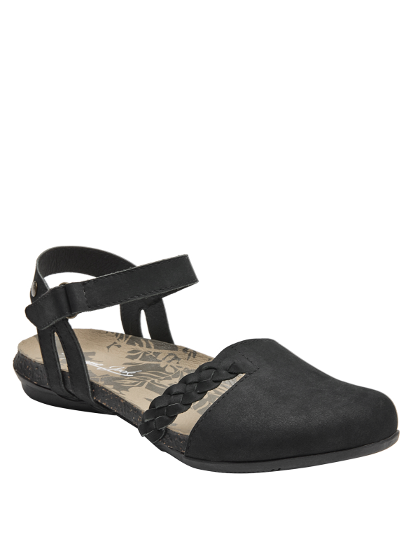 Sandalia de cuero negro para mujer, diseño sofisticado con correa ajustable.