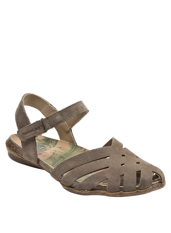 Sandalia boho de cuero taupe para mujer, con diseño funcional y elegante, perfecta para días cálidos.