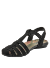 Sandalia de cuero negro para mujer con tiras anchas cruzadas y hebilla lateral.