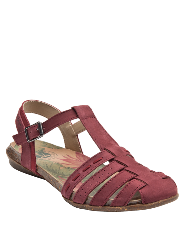 Sandalia de cuero burdeos para mujer, diseño clásico con tiras entrelazadas y suela de goma.