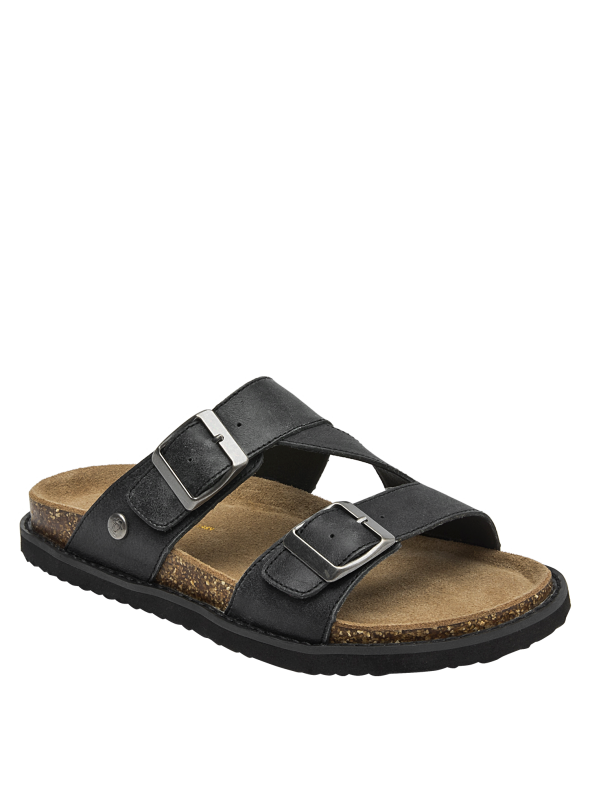 Sandalia de cuero negro con hebillas modernas, perfecta para combinar con prendas ligeras.