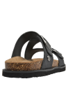 Sandalia minimalista de cuero negro, ideal para un look veraniego casual y cómodo.