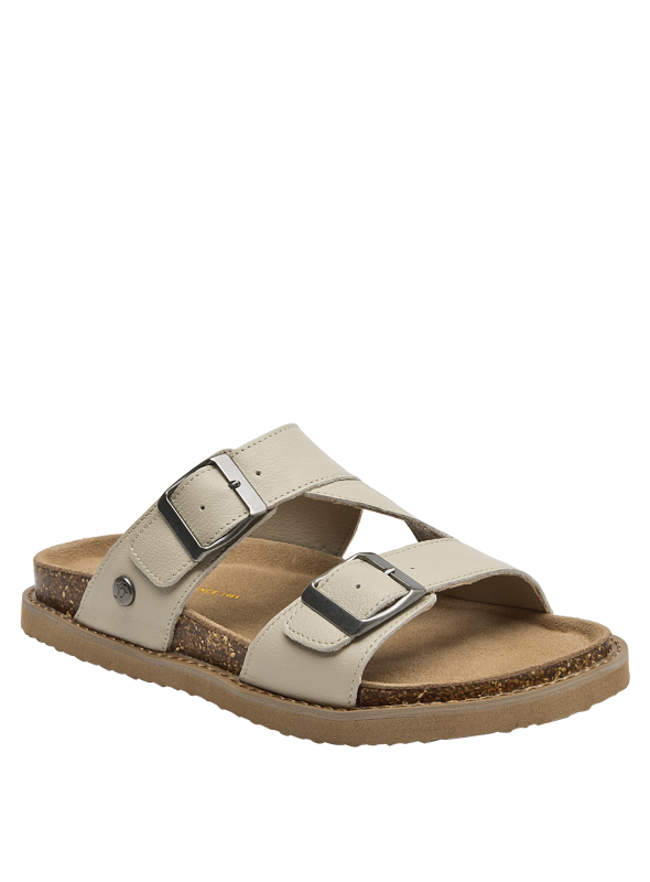 Textura del cuero beige claro y el diseño elegante de la sandalia casual.