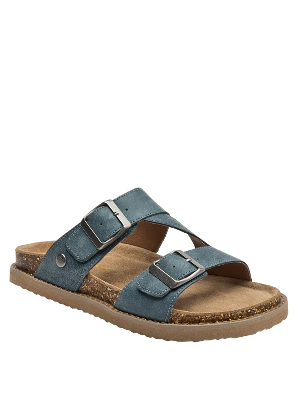 Calzado casual de cuero azul, versátil para salidas informales en verano.