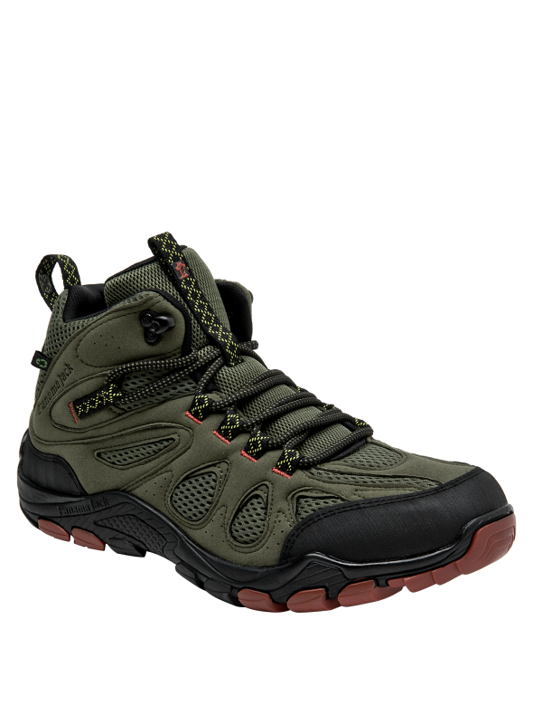 Botín verde para hombre, estilo trekking, con suela rojiza y detalles en negro, ideal para uso diario.