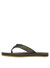 Sandalia casual masculina en material sintético con suela gruesa marrón mostaza y rayas coloridas.