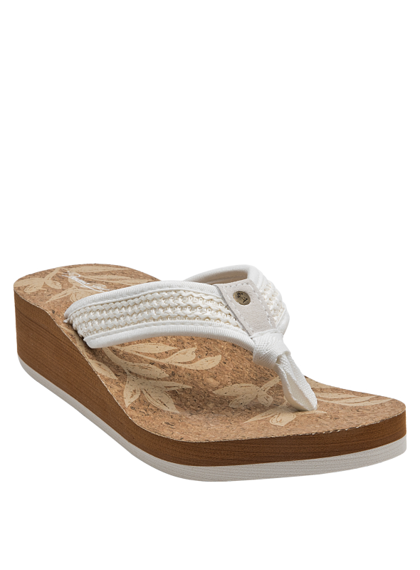 Sandalia bohemia de mujer en color blanco con base de corcho y detalles tejidos, ideal para verano.
