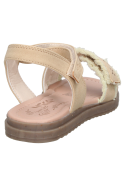 Sandalia beige de niña, diseño minimalista con detalles florales y borde con flecos.