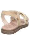 Sandalia beige de niña, diseño minimalista con detalles florales y borde con flecos.