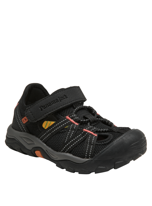 Calzado sintético negro infantil con detalles dinámicos en naranja y amarillo.
