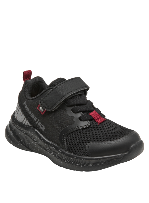 calzado negro con detalles rojos, cierre seguro de velcro, perfecto para niños activos.