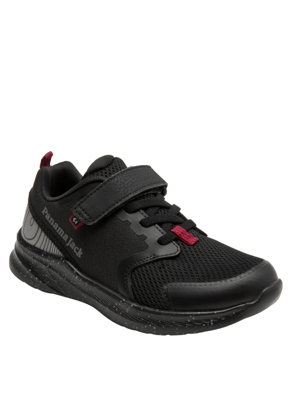 zapatilla negra de niño, detalles rojos, cómoda para el colegio y salidas informales, cierre de velcro