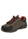 sistema de ajuste con cordones elásticos rojos en zapatilla infantil café, ideal para terrenos irregulares