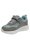 zapatilla gris niña con estampado floral verde azulado y detalles en blanco, cordones elásticos y velcro para ajuste cómodo