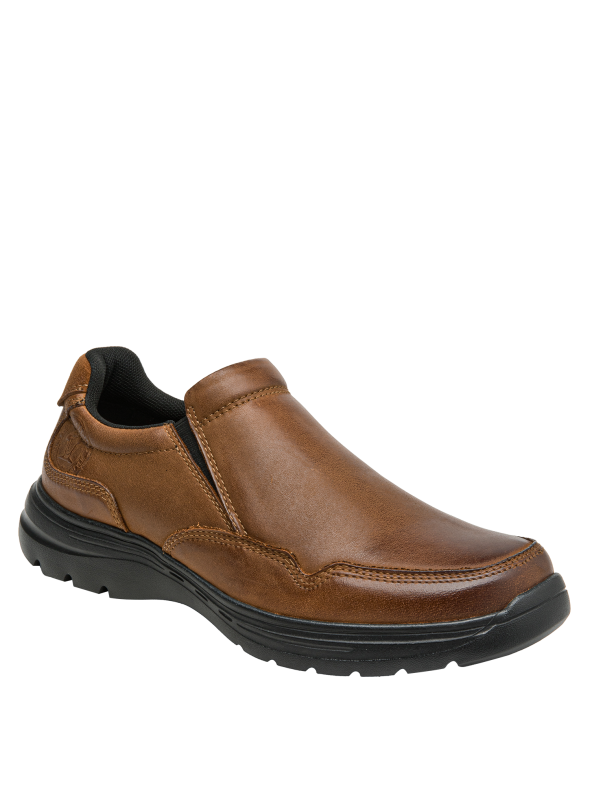 Zapato de cuero marrón sin cordones, suela cómoda para caminar, estilo semi-formal.