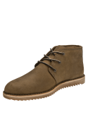 Botín taupe casual de cuero para hombre con cordones marrones y diseño elegante.