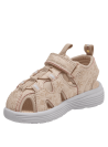 Sandalia beige de niña con diseño floral en relieve y cierre de velcro, ideal para primavera y verano.