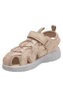 Sandalia beige de niña con estampado floral y cierres de velcro para comodidad y ajuste seguro.