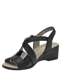 Sandalia de cuero negro para mujer con tiras cruzadas y hebilla lateral, estilo casual y elegante.