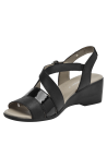 Sandalia de cuero negro para mujer con tiras cruzadas y hebilla lateral, estilo casual y elegante.