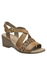 Sandalia de mujer en cuero camel con taco cuña y detalles en animal print, ideal para verano.