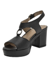 Sandalia negra de cuero para mujer con textura reptil y aro metálico en el empeine.