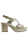 Sandalia femenina dorada, cuero reptil, ideal para eventos formales y salidas nocturnas.