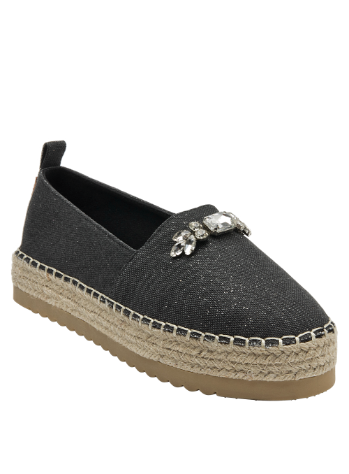 Zapato textil negro con detalles brillantes, perfecto para ocasiones informales.