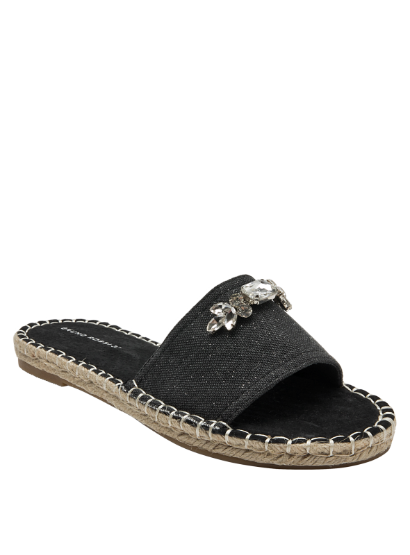 Alpargata textil negra, detalles de pedrería, estilo casual chic.