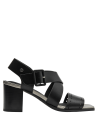 Textura mate suave del cuero negro en sandalia formal de mujer.