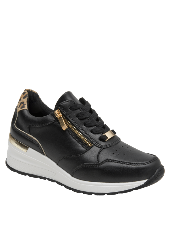 calzado urbano de cuero negro con cierre dorado, ideal para estilo athleisure