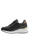 elegante zapatilla negra de cuero con diseño moderno y elementos dorados