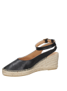Alpargata negra de cuero para mujer con diseño elegante y plataforma de yute.