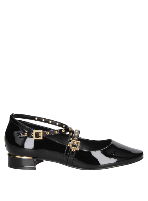 Ballerina Mujer de Cuero Charol Zapato negro de cuero para mujer con hebillas doradas y correas cruzadas, estilo casual elegante.