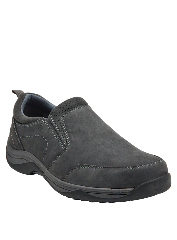 Elegante mocasín de cuero gris para hombres, perfecto con jeans o chinos.
