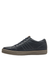 elegante zapatilla azul de cuero para hombre con detalles cosidos y lengüeta marrón