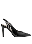 Zapato negro charol para mujer, básico versátil con taco medio que afina la silueta.