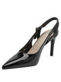 Zapato stiletto negro charol con taco medio tipo aguja y punta puntiaguda para mujer.