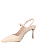 Stiletto de mujer en cuero beige, diseño elegante con punta puntiaguda y taco aguja de 6 cm.