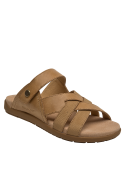 Elegante sandalia camel de cuero, diseño atemporal que complementa cualquier atuendo casual.