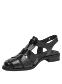 Sandalia de cuero negro para mujer con punta redonda y taco bloque de 3 cm, ideal para estilo casual.