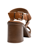 Sandalia de cuero camel para mujer con punta abierta y taco bloque de 8 cm.
