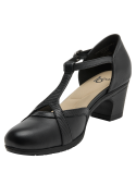 Zapato negro de cuero para mujer con taco bloque y punta redonda, ideal para oficina y salidas casuales.