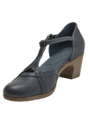 Zapato azul de cuero con taco bloque y punta redonda, ideal para mujer, estilo casual y cómodo.