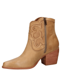 Botín vaquero camel de cuero para mujer con punta redonda y taco bloque de 6.5 cm.