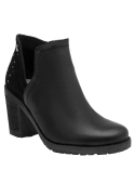 Botín negro de cuero para mujer con taco bloque y punta redonda, ideal para un look casual.
