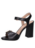 Sandalia de cuero negro con taco bloque y punta abierta, ideal para mujer.